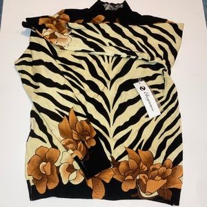 NWT vintage Elegance mock turtle neck tiger stripe with flowers sweater top